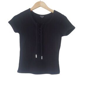 Bebe Womens Black Lace‎ Up Short Sleeve Shirt Size M Y2K Grunge Goth Baddie